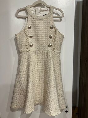 Bardot Cream Tweed Sleeveless Dress with Decorative Buttons